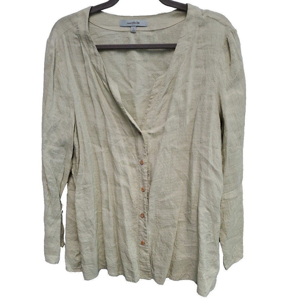 Nurture Womens‎ button front long sleeved light green Linen blend shirt top